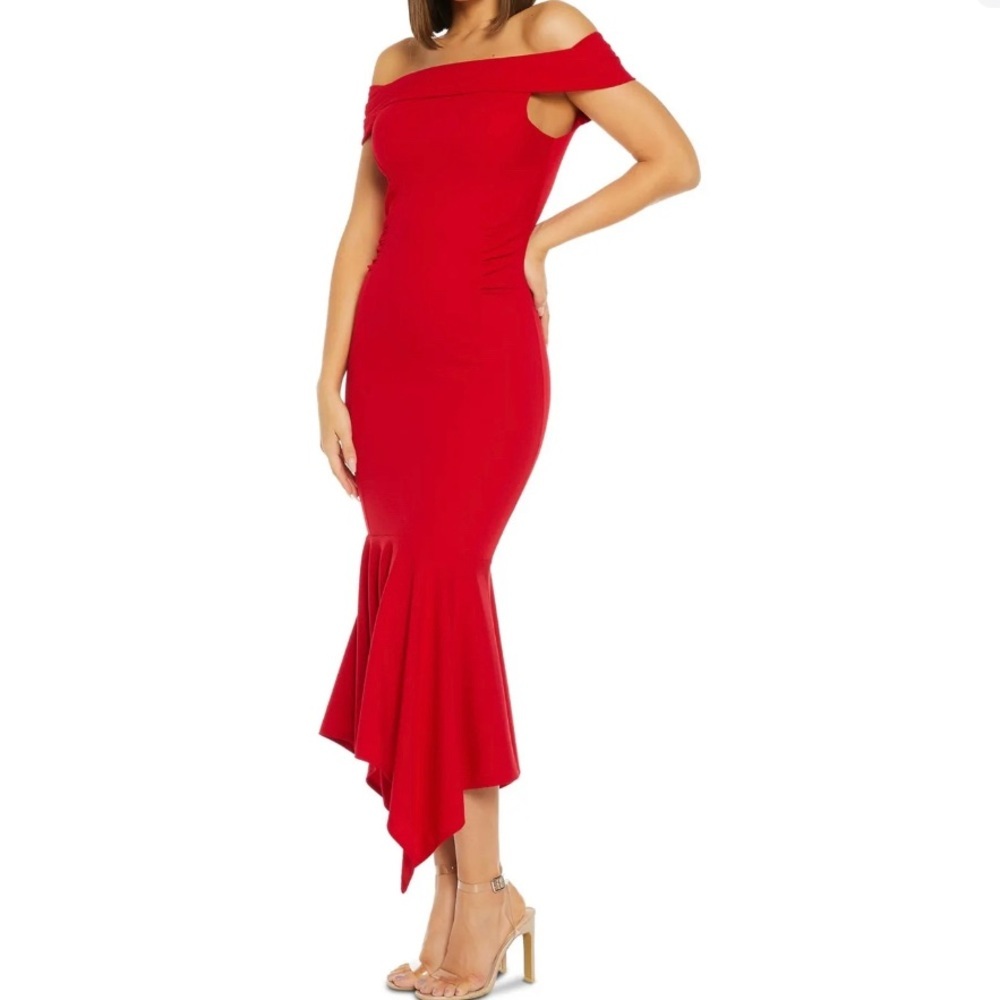QUIZ Women’s Formal Dress Size 14 Red Handkerchief-hem Gown Off Shoulder Mermaid